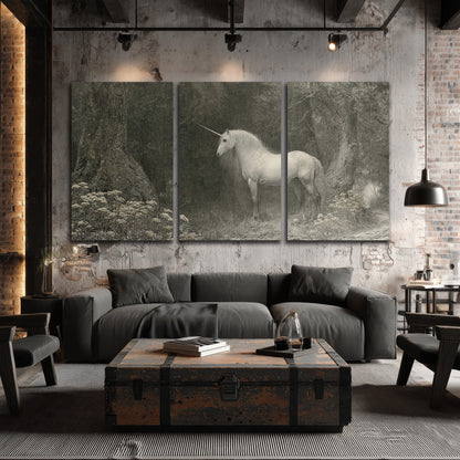 A pale unicorn surrounded by fine gray woodland branches and soft mist 3 piece canvas wall art displayed in a industrial room