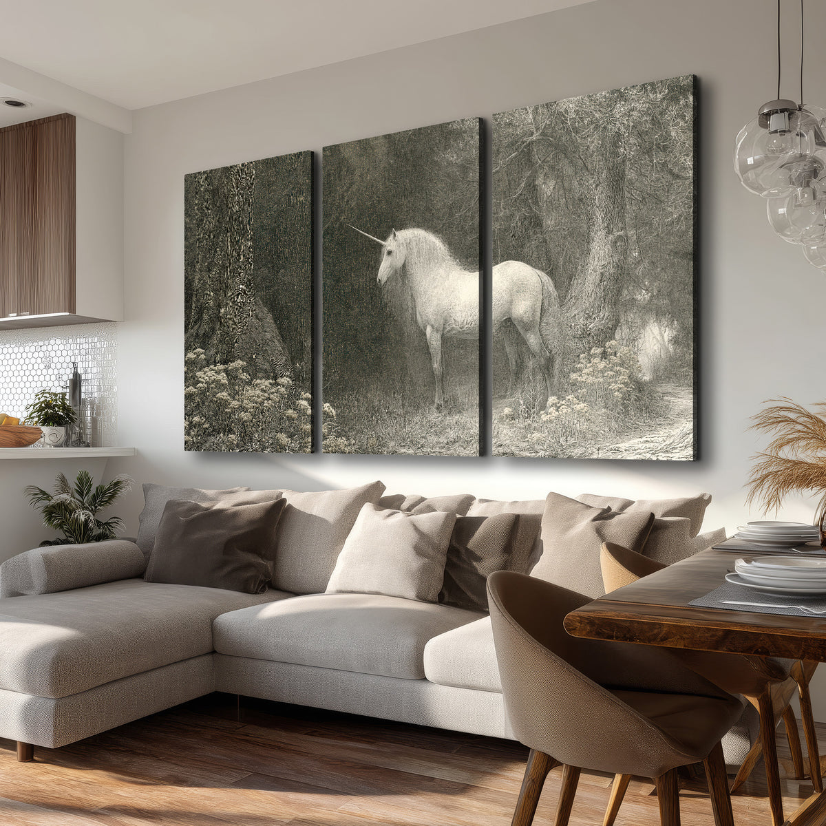 A pale unicorn surrounded by fine gray woodland branches and soft mist 3 piece canvas wall art room and product view