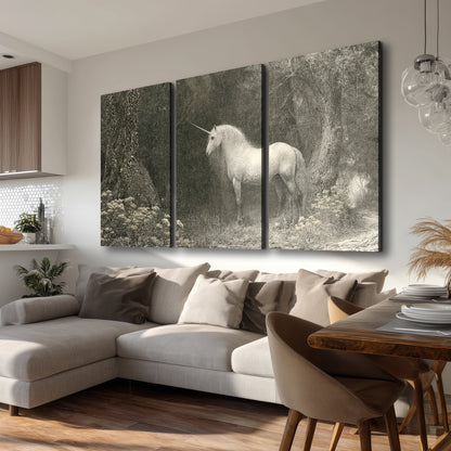 A pale unicorn surrounded by fine gray woodland branches and soft mist 3 piece canvas wall art room and product view
