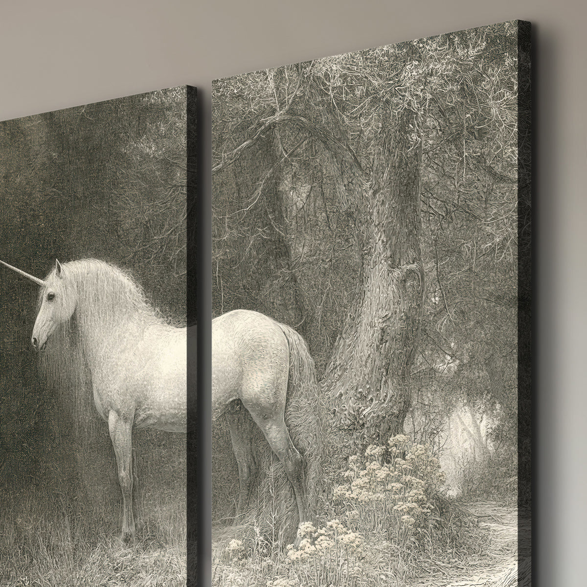 A pale unicorn surrounded by fine gray woodland branches and soft mist 3 piece canvas wall art room and product view