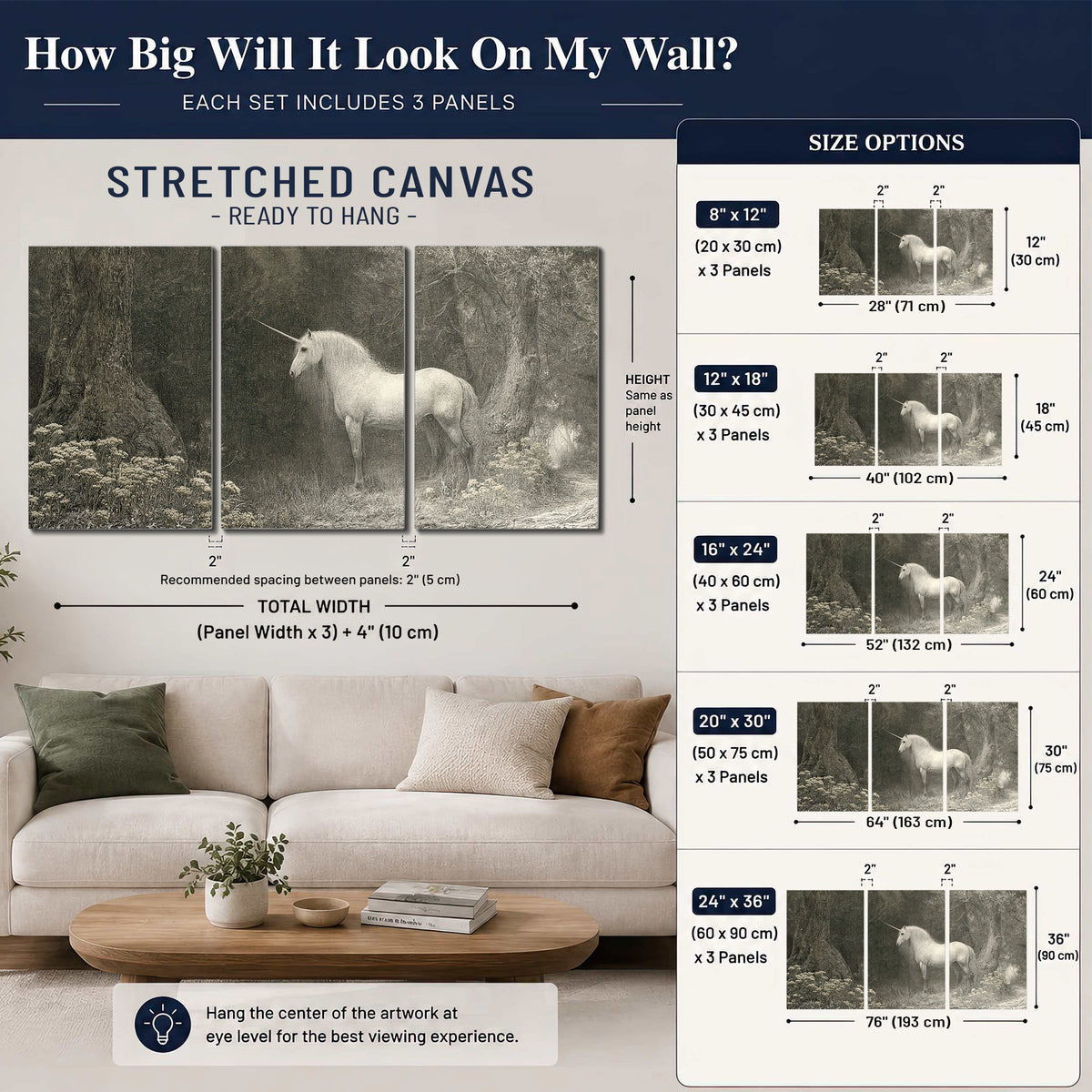 A pale unicorn surrounded by fine gray woodland branches and soft mist 3 piece canvas wall art size guide above a sofa; room view is illustrative