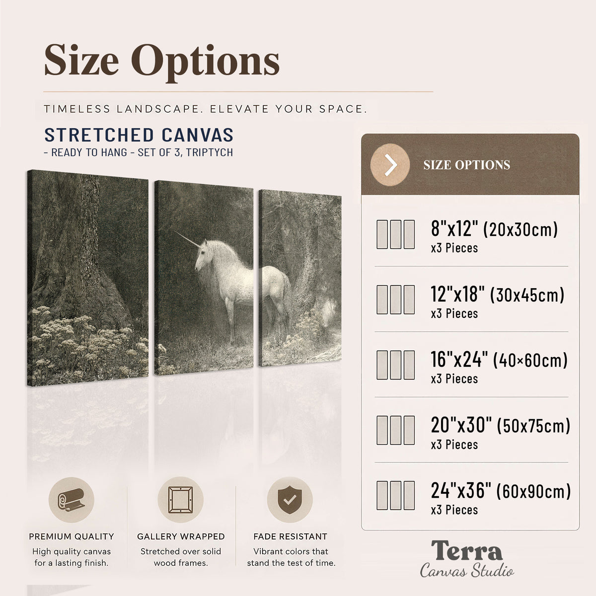 A pale unicorn surrounded by fine gray woodland branches and soft mist 3 piece canvas wall art available dimensions; triptych dimensions are per panel
