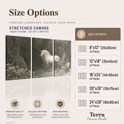 A pale unicorn surrounded by fine gray woodland branches and soft mist 3 piece canvas wall art available dimensions; triptych dimensions are per panel