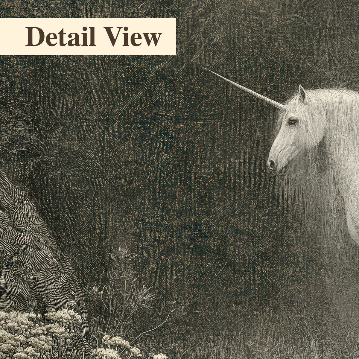 A pale unicorn surrounded by fine gray woodland branches and soft mist 3 piece canvas wall art artwork detail close up