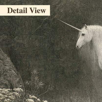 A pale unicorn surrounded by fine gray woodland branches and soft mist 3 piece canvas wall art artwork detail close up