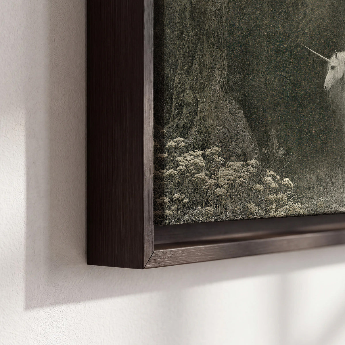 A pale unicorn surrounded by fine gray woodland branches and soft mist 3 piece framed canvas wall art material and edge close up