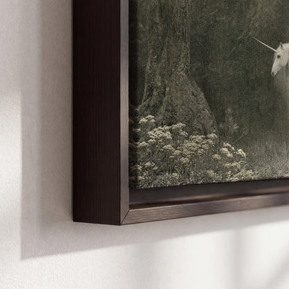 A pale unicorn surrounded by fine gray woodland branches and soft mist 3 piece framed canvas wall art material and edge close up