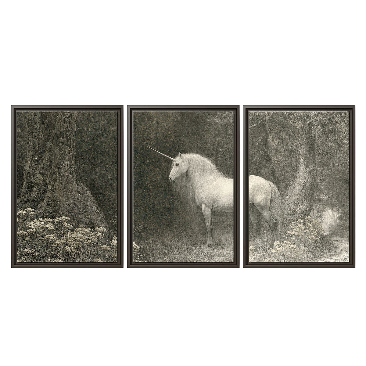 A pale unicorn surrounded by fine gray woodland branches and soft mist 3 piece framed canvas wall art viewed straight on