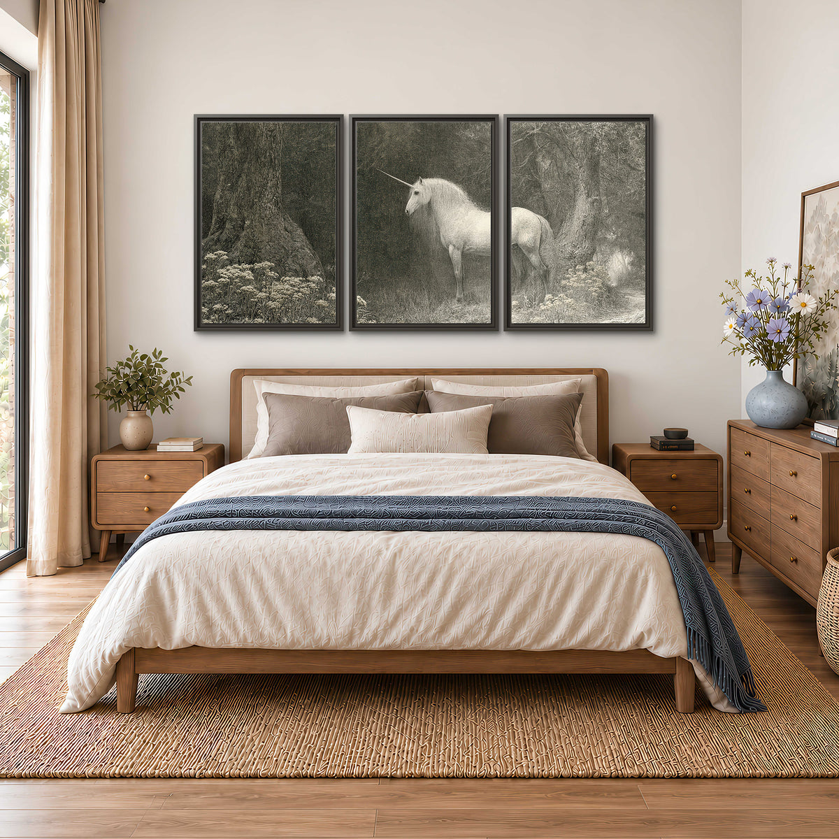 A pale unicorn surrounded by fine gray woodland branches and soft mist 3 piece framed canvas wall art styled in an interior