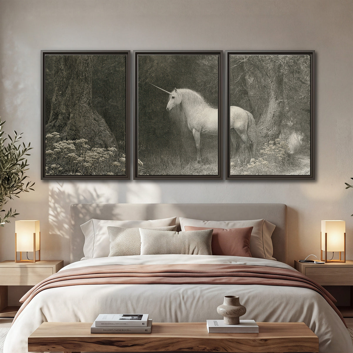 A pale unicorn surrounded by fine gray woodland branches and soft mist 3 piece framed canvas wall art displayed in a bedroom