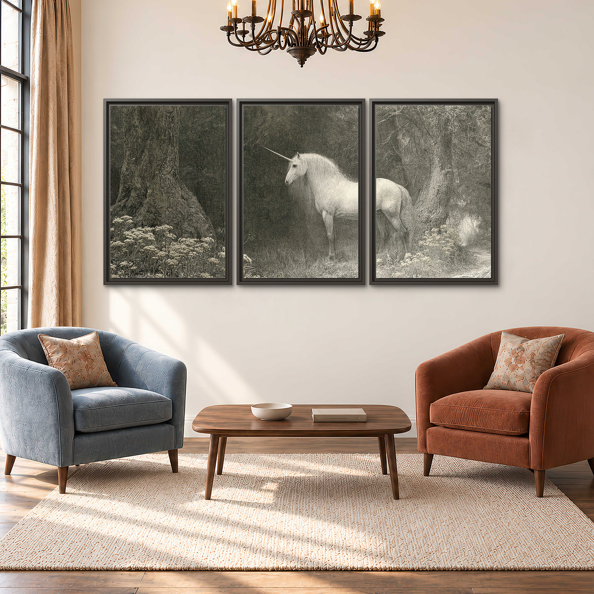 A pale unicorn surrounded by fine gray woodland branches and soft mist 3 piece framed canvas wall art styled in an interior