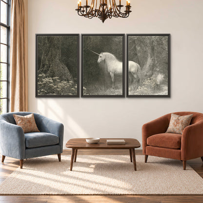 A pale unicorn surrounded by fine gray woodland branches and soft mist 3 piece framed canvas wall art styled in an interior