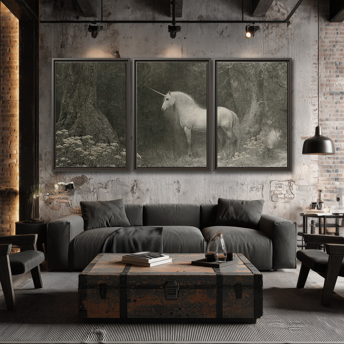 A pale unicorn surrounded by fine gray woodland branches and soft mist 3 piece framed canvas wall art displayed in a industrial room