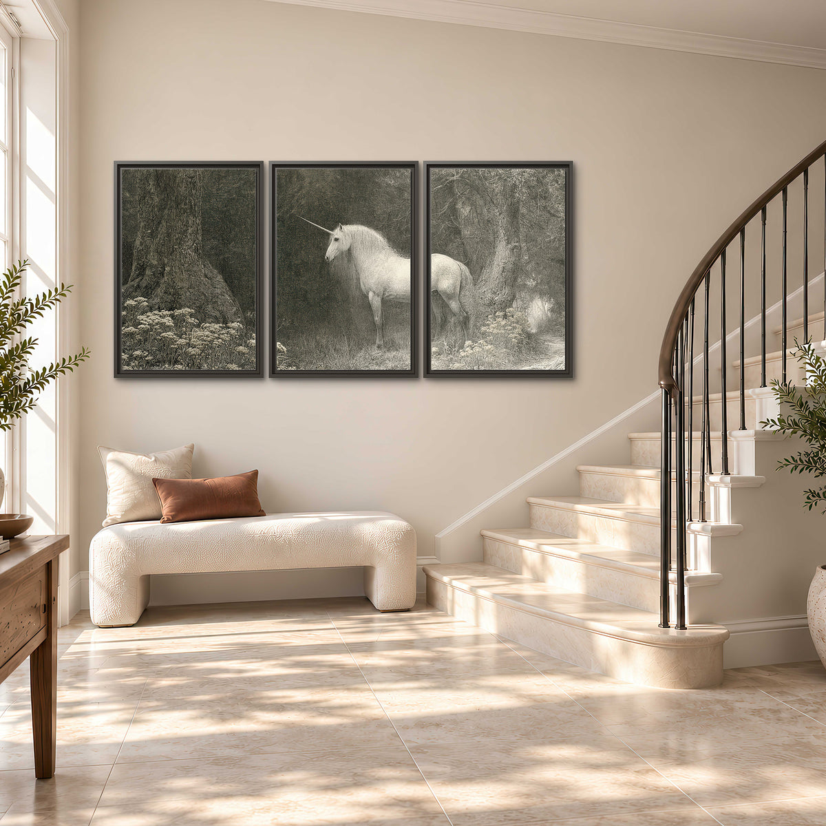 A pale unicorn surrounded by fine gray woodland branches and soft mist 3 piece framed canvas wall art styled in an interior