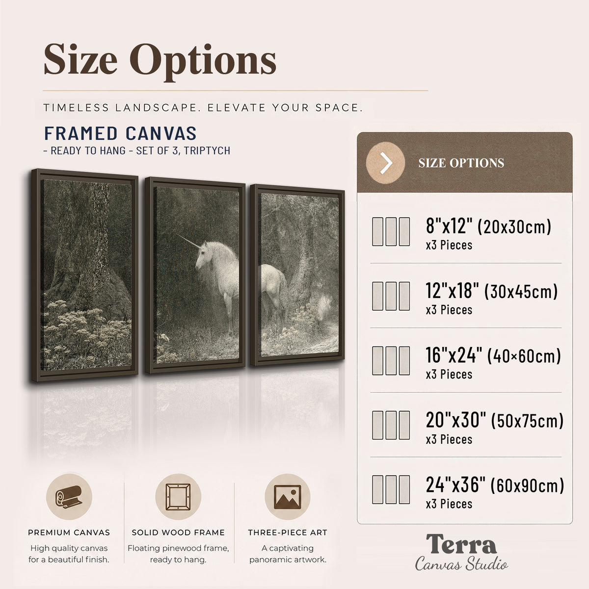 A pale unicorn surrounded by fine gray woodland branches and soft mist 3 piece framed canvas wall art available dimensions; triptych dimensions are per panel