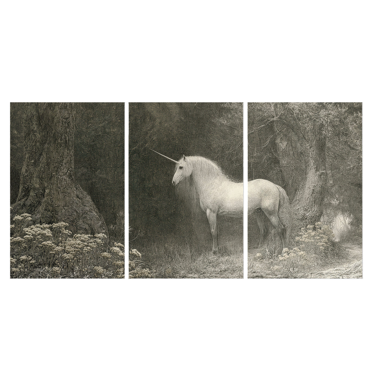 A pale unicorn surrounded by fine gray woodland branches and soft mist set of 3 poster prints viewed straight on