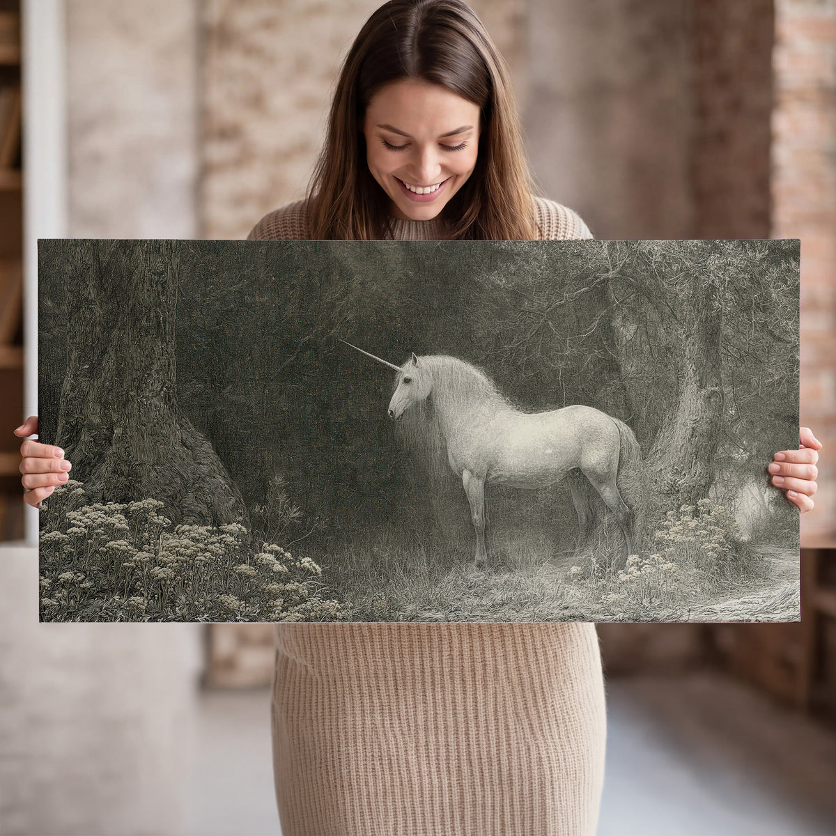 A pale unicorn surrounded by fine gray woodland branches and soft mist single canvas wall art held in hands