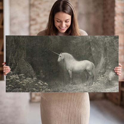 A pale unicorn surrounded by fine gray woodland branches and soft mist single canvas wall art held in hands