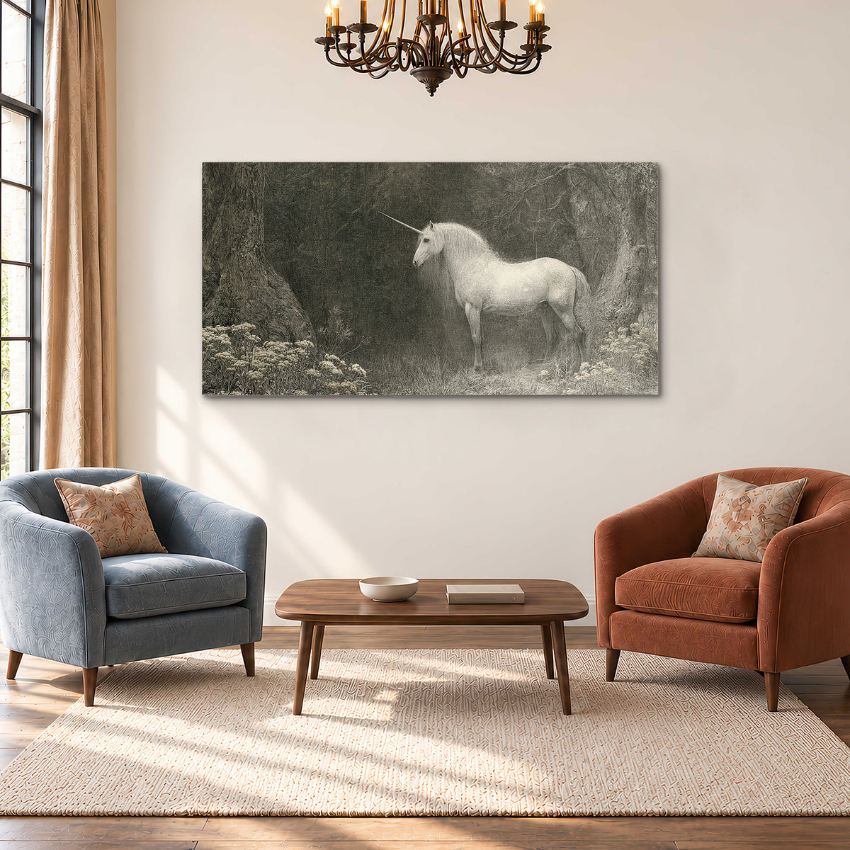 A pale unicorn surrounded by fine gray woodland branches and soft mist single canvas wall art styled in an interior