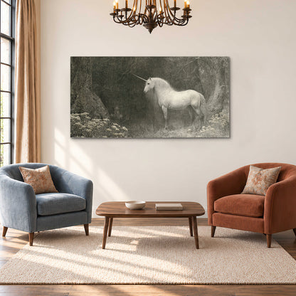 A pale unicorn surrounded by fine gray woodland branches and soft mist single canvas wall art styled in an interior