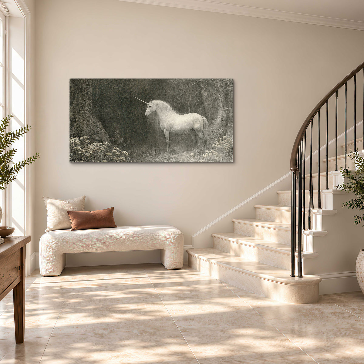 A pale unicorn surrounded by fine gray woodland branches and soft mist single canvas wall art styled in an interior