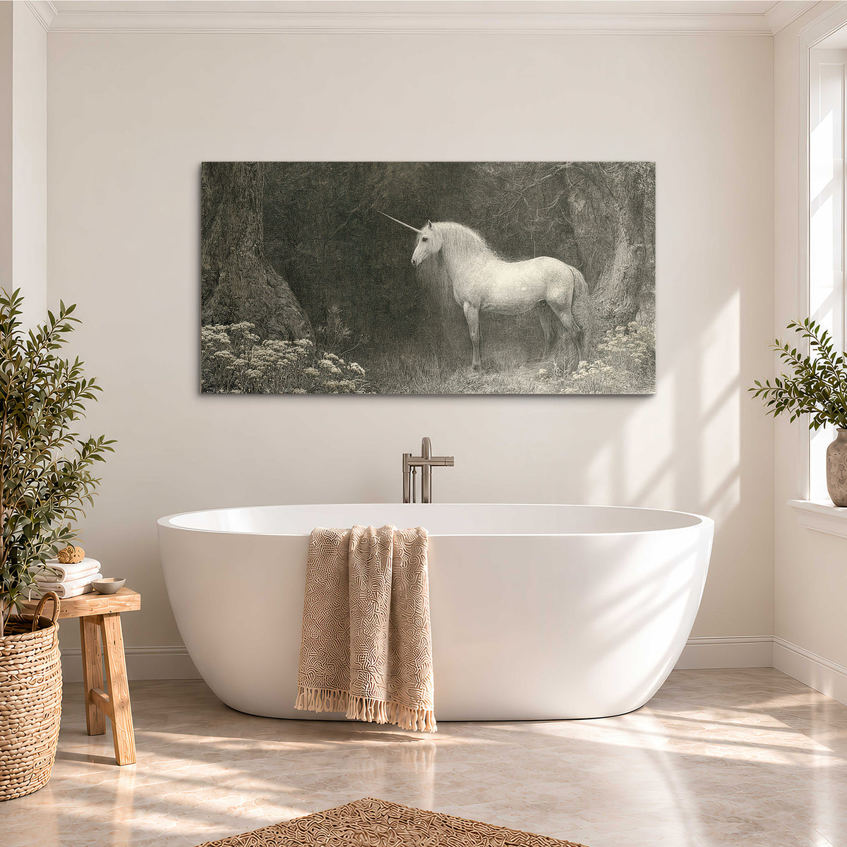 A pale unicorn surrounded by fine gray woodland branches and soft mist single canvas wall art styled in an interior