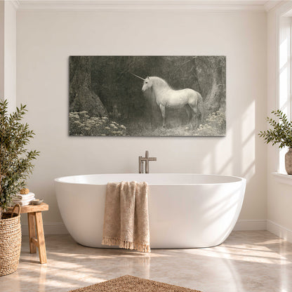 A pale unicorn surrounded by fine gray woodland branches and soft mist single canvas wall art styled in an interior