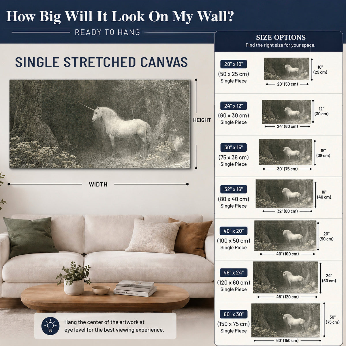 A pale unicorn surrounded by fine gray woodland branches and soft mist single canvas wall art size guide above a sofa; room view is illustrative