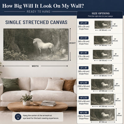A pale unicorn surrounded by fine gray woodland branches and soft mist single canvas wall art size guide above a sofa; room view is illustrative