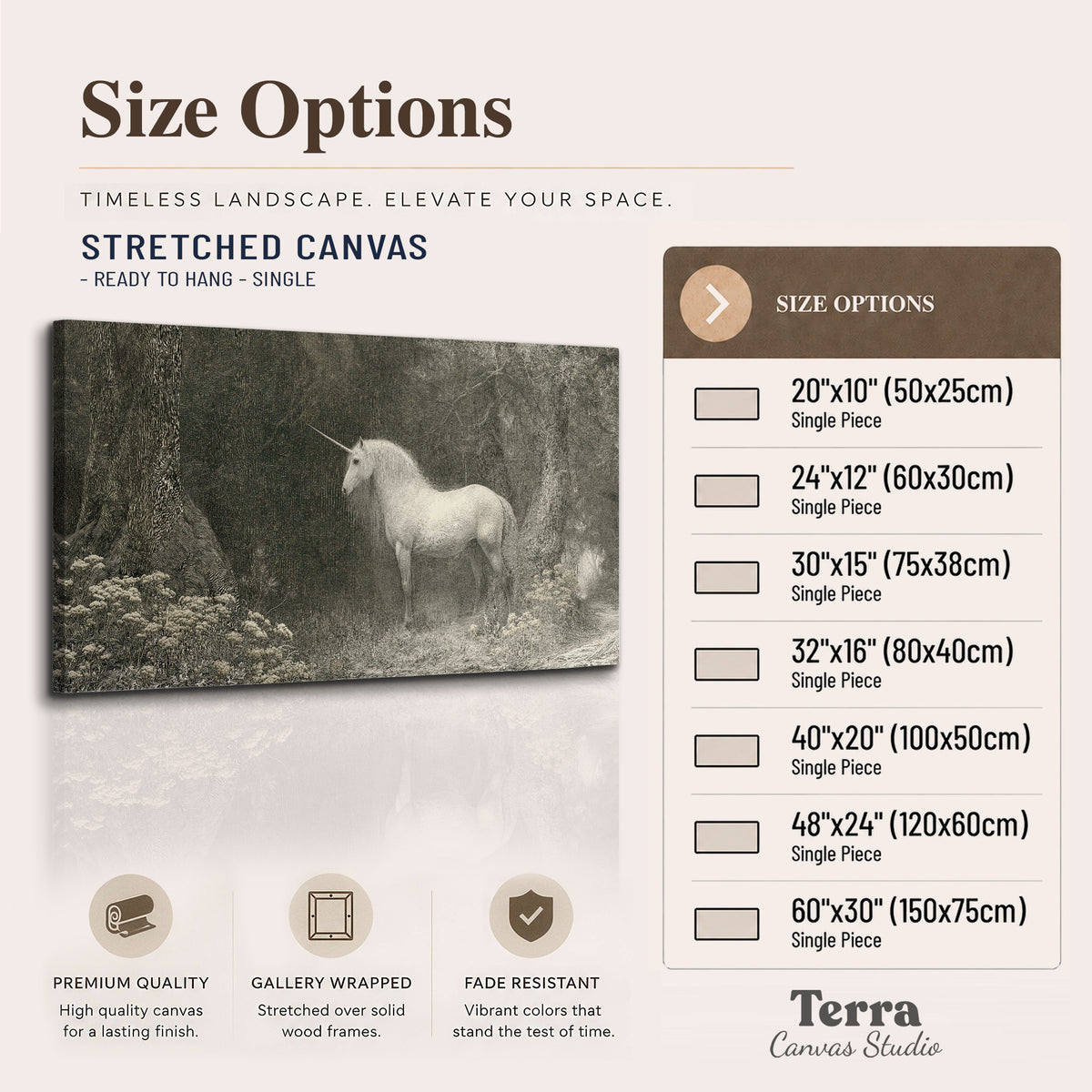 A pale unicorn surrounded by fine gray woodland branches and soft mist single canvas wall art available dimensions