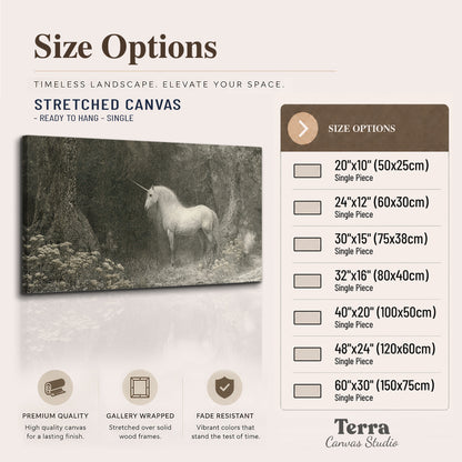 A pale unicorn surrounded by fine gray woodland branches and soft mist single canvas wall art available dimensions