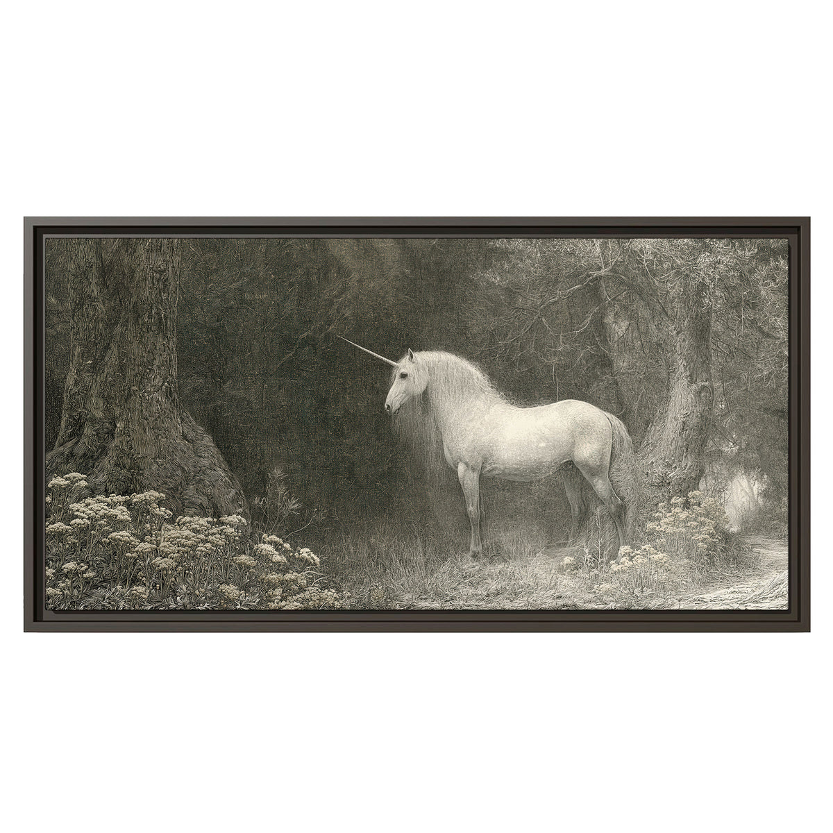 A pale unicorn surrounded by fine gray woodland branches and soft mist single framed canvas wall art viewed straight on