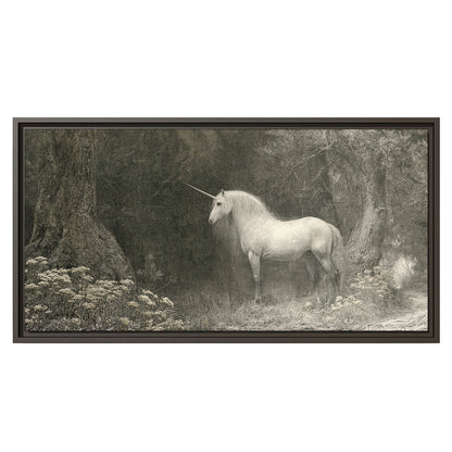 A pale unicorn surrounded by fine gray woodland branches and soft mist single framed canvas wall art viewed straight on