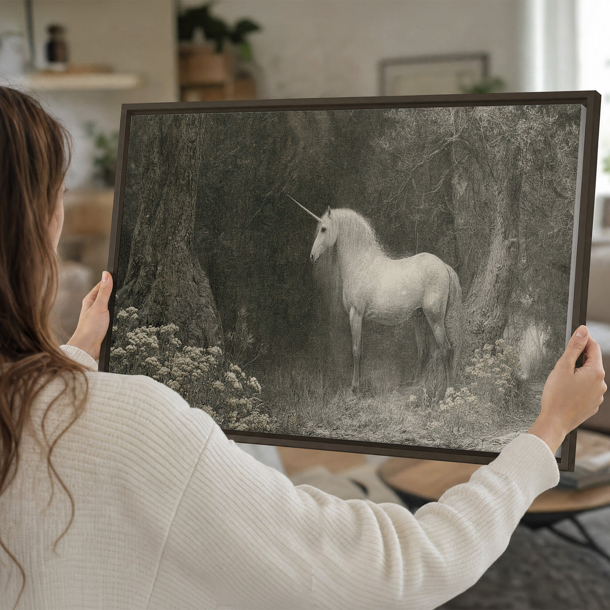 A pale unicorn surrounded by fine gray woodland branches and soft mist single framed canvas wall art held in hands