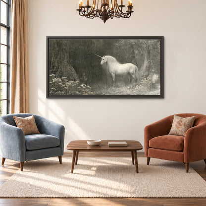 A pale unicorn surrounded by fine gray woodland branches and soft mist single framed canvas wall art styled in an interior