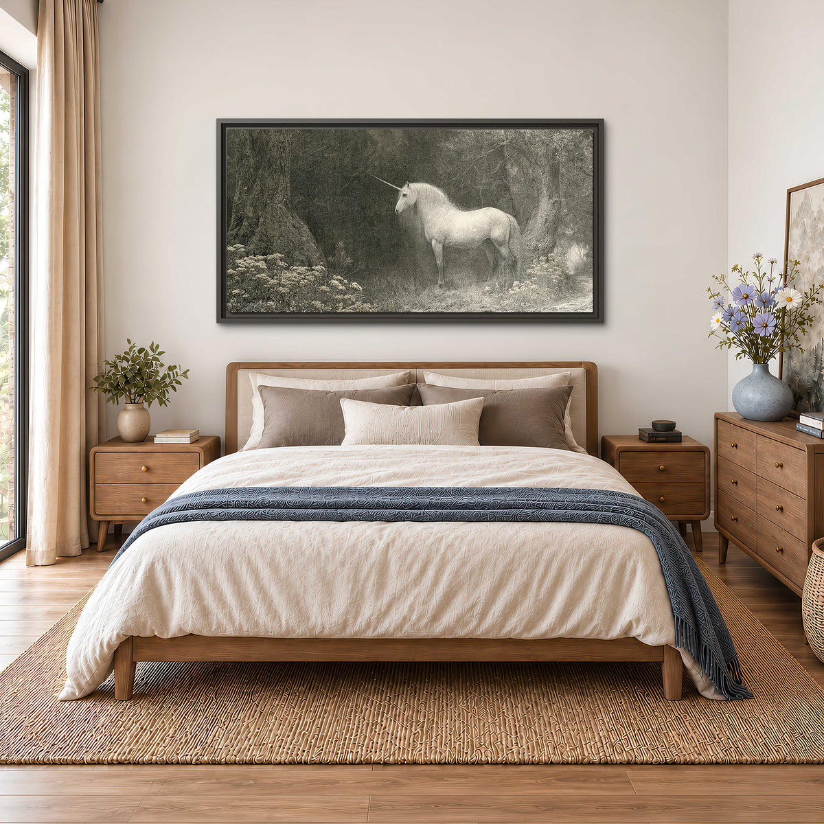 A pale unicorn surrounded by fine gray woodland branches and soft mist single framed canvas wall art styled in an interior