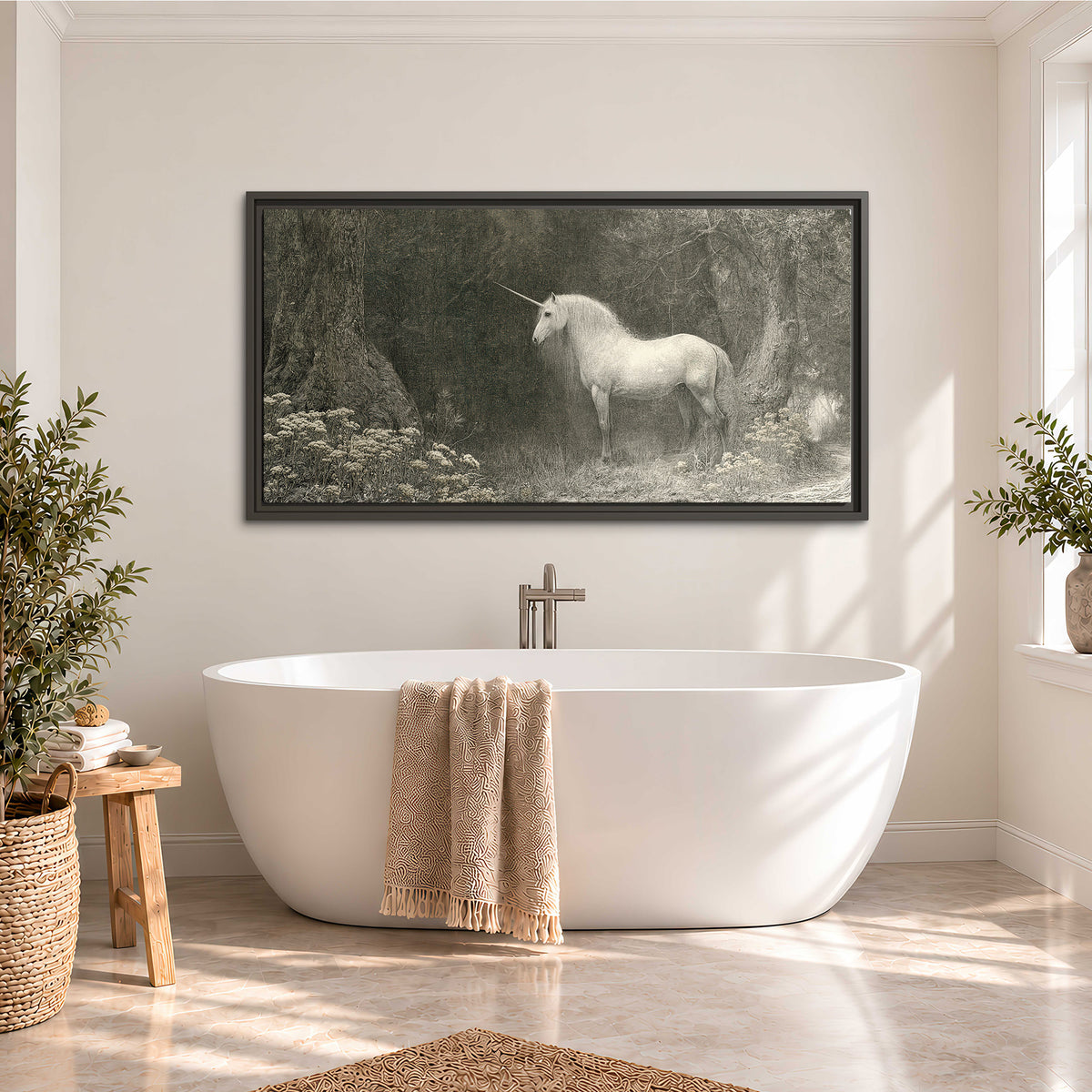 A pale unicorn surrounded by fine gray woodland branches and soft mist single framed canvas wall art styled in an interior