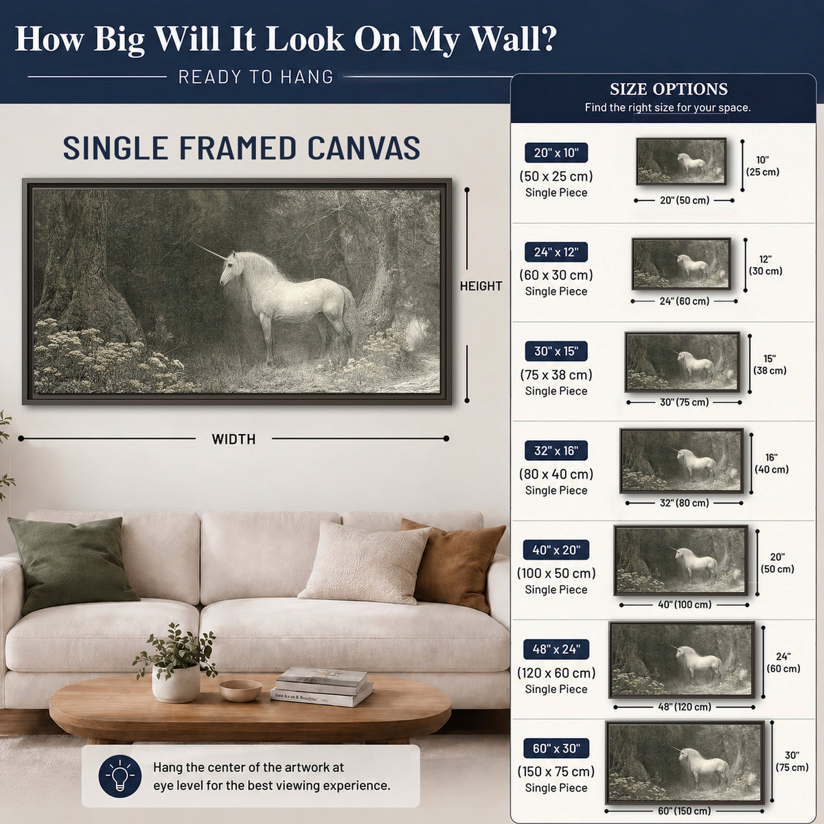 A pale unicorn surrounded by fine gray woodland branches and soft mist single framed canvas wall art size guide above a sofa; room view is illustrative