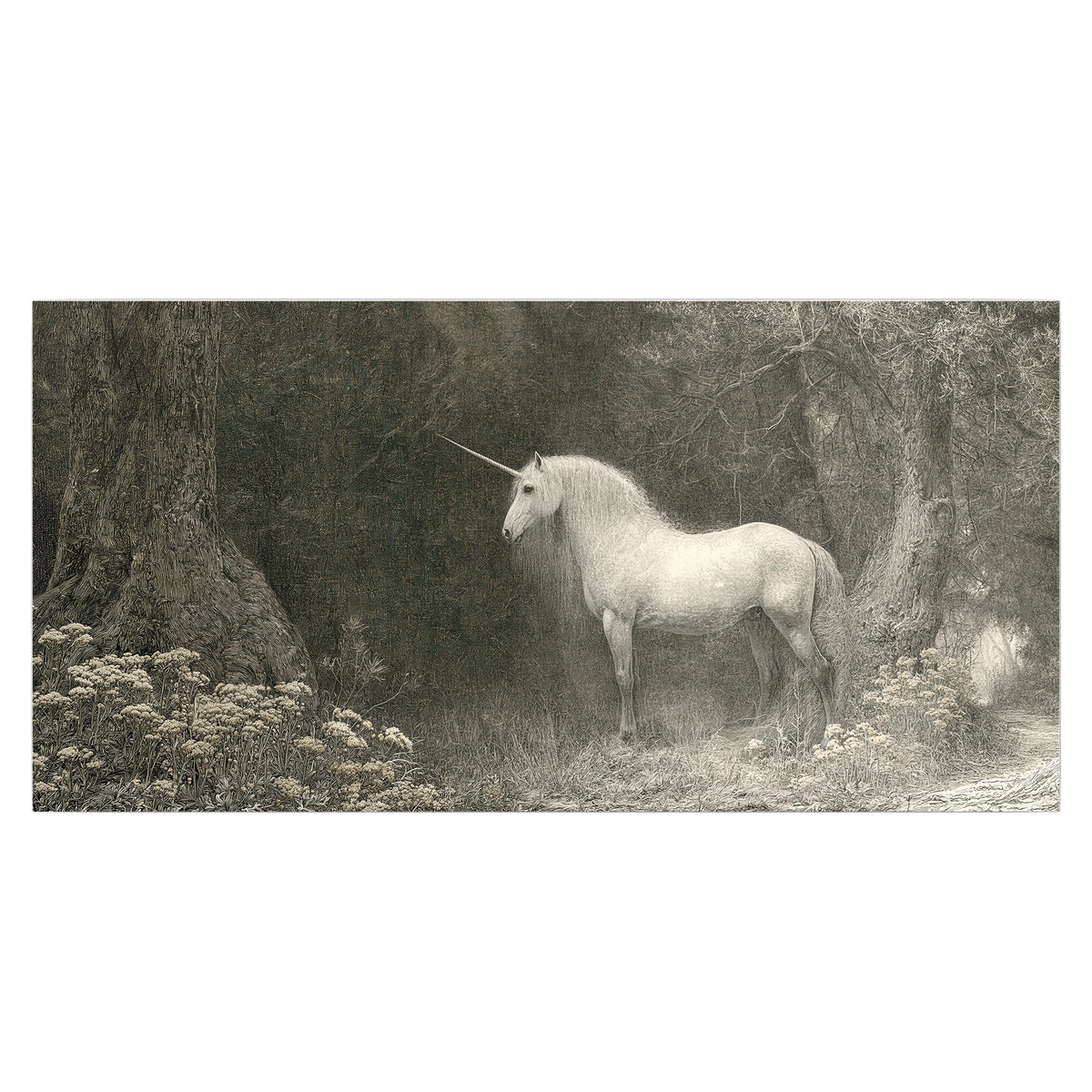 A pale unicorn surrounded by fine gray woodland branches and soft mist single poster print viewed straight on