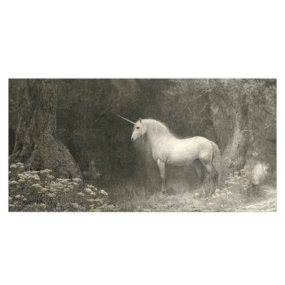 A pale unicorn surrounded by fine gray woodland branches and soft mist single poster print viewed straight on
