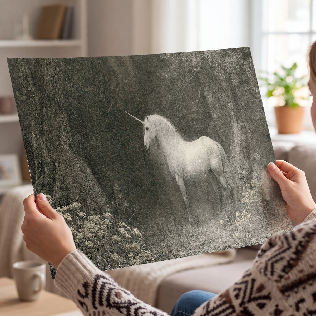 A pale unicorn surrounded by fine gray woodland branches and soft mist single poster print held in hands