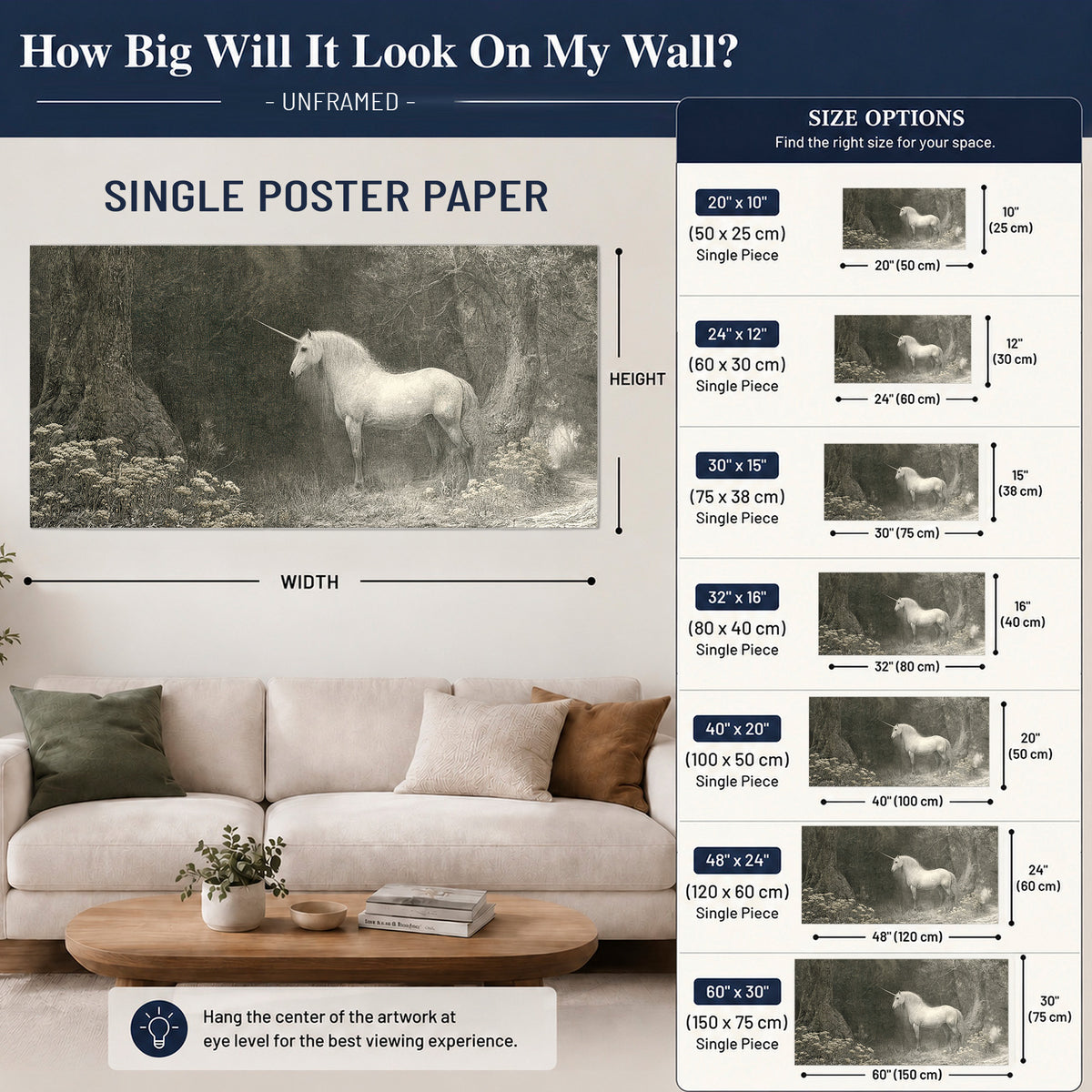 A pale unicorn surrounded by fine gray woodland branches and soft mist single poster print size guide above a sofa; room view is illustrative