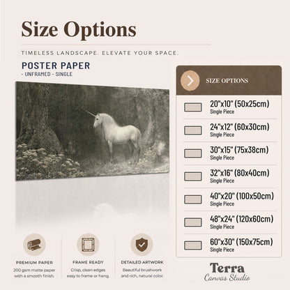A pale unicorn surrounded by fine gray woodland branches and soft mist single poster print available dimensions