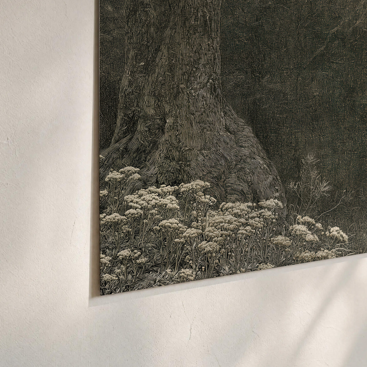 A pale unicorn surrounded by fine gray woodland branches and soft mist set of 3 poster prints material and edge close up