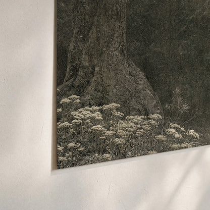 A pale unicorn surrounded by fine gray woodland branches and soft mist set of 3 poster prints material and edge close up