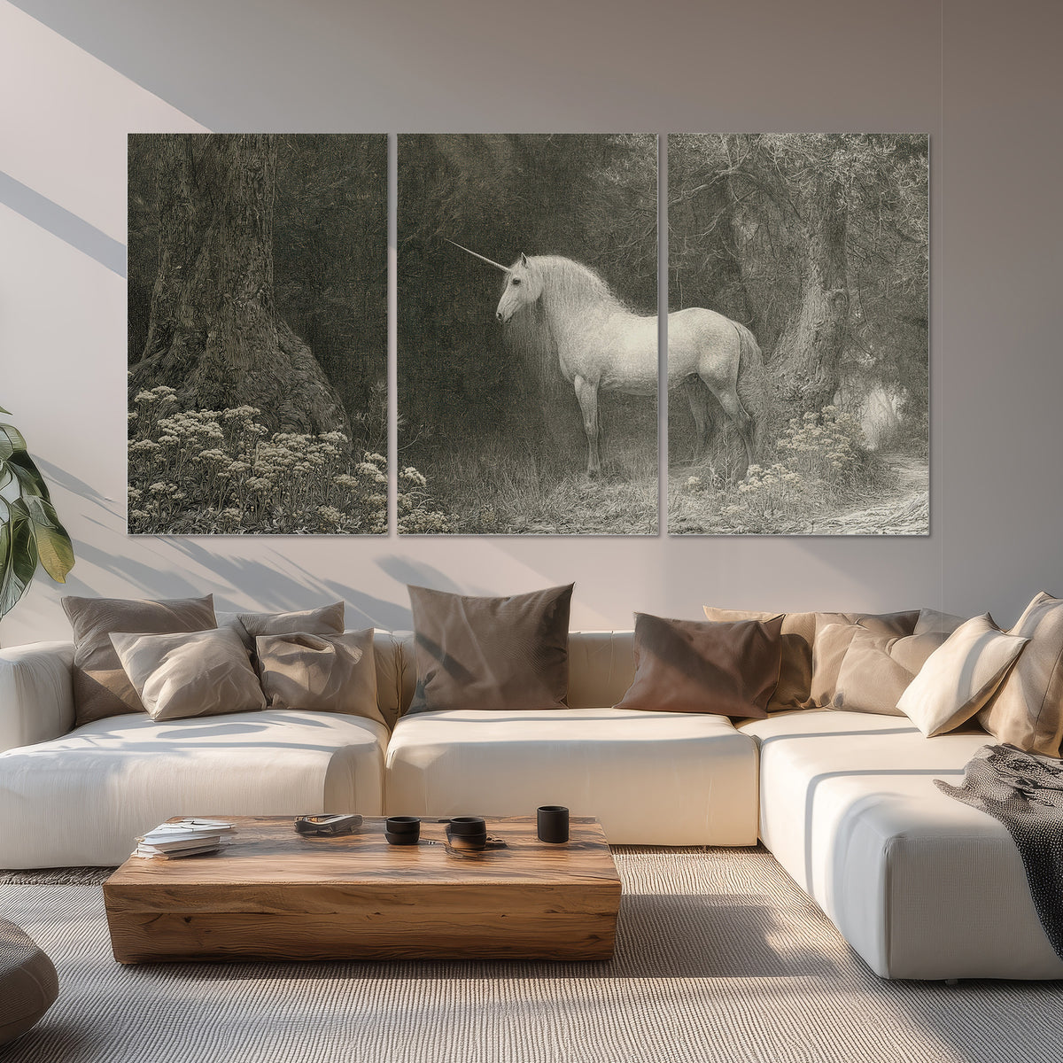 A pale unicorn surrounded by fine gray woodland branches and soft mist set of 3 poster prints displayed in a living room