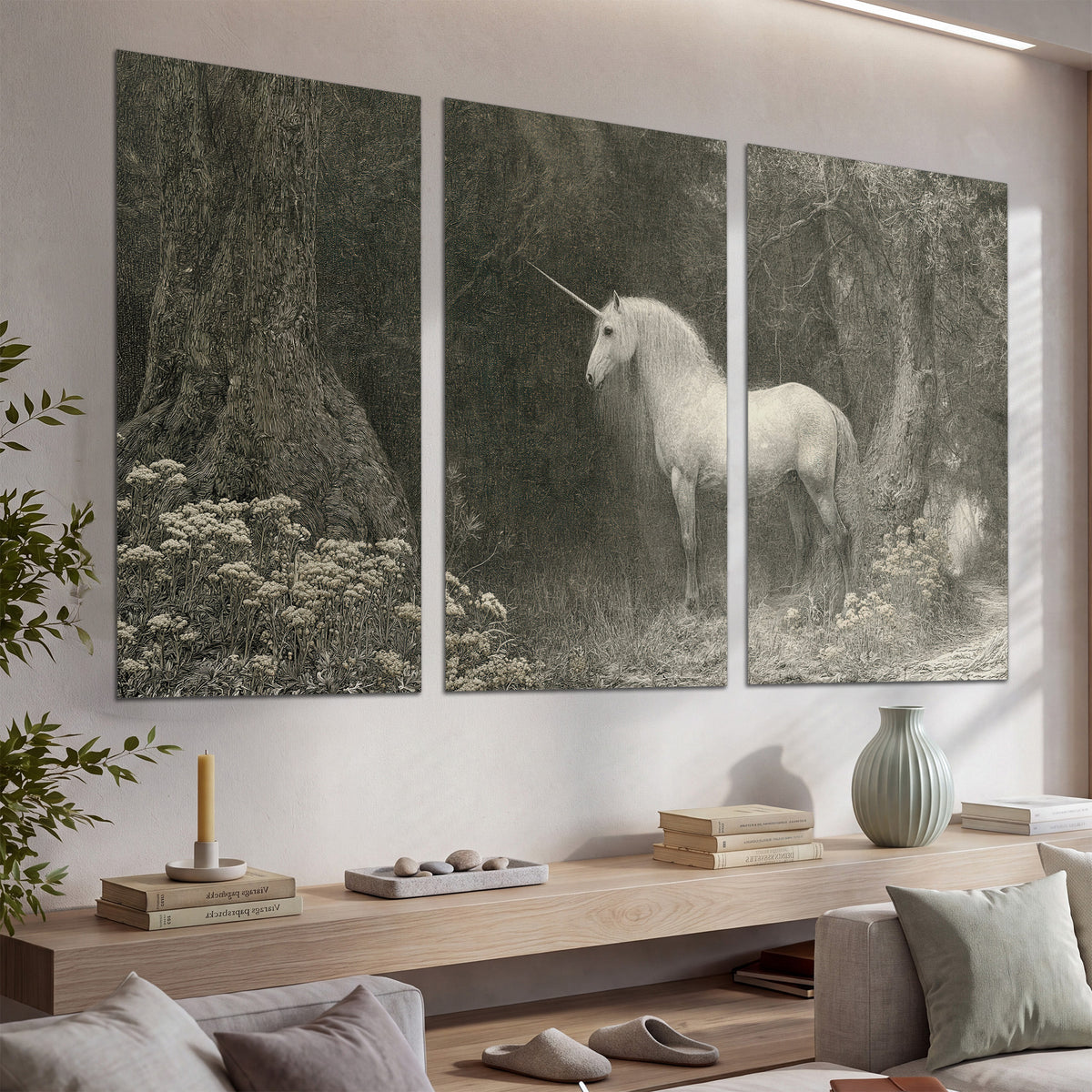 A pale unicorn surrounded by fine gray woodland branches and soft mist set of 3 poster prints displayed in a console