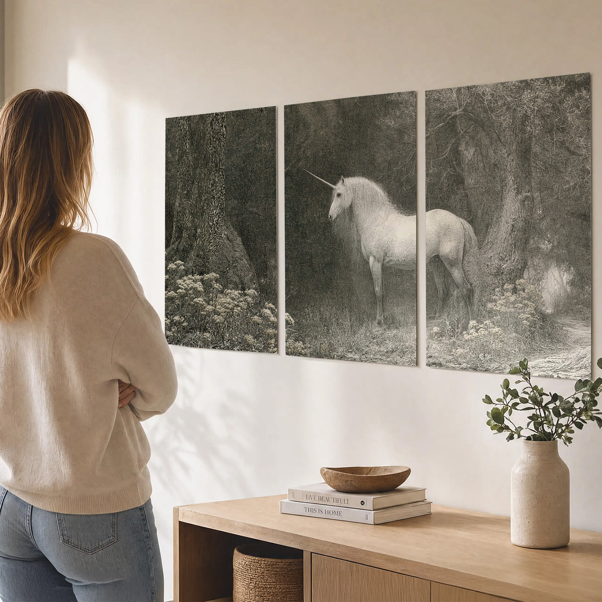 A pale unicorn surrounded by fine gray woodland branches and soft mist set of 3 poster prints three panel arrangement on a wall