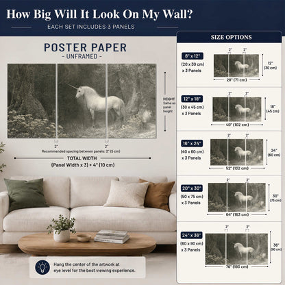 A pale unicorn surrounded by fine gray woodland branches and soft mist set of 3 poster prints size guide above a sofa; room view is illustrative