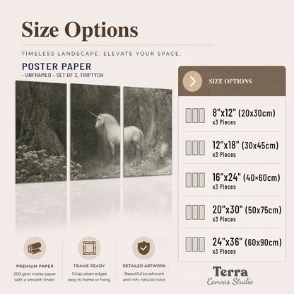 A pale unicorn surrounded by fine gray woodland branches and soft mist set of 3 poster prints available dimensions; triptych dimensions are per panel
